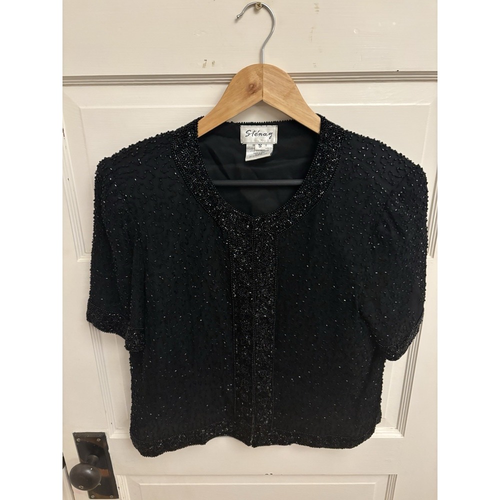 Stenay Vintage 80s Women's Black Beaded Eveningwear Silk Top Size Small